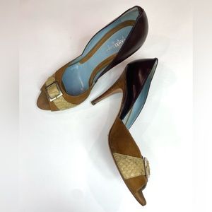 Lambertson Truex Open Toe Brown Pumps w/ Snake Skin Buckle Accent, 9.5, Italian